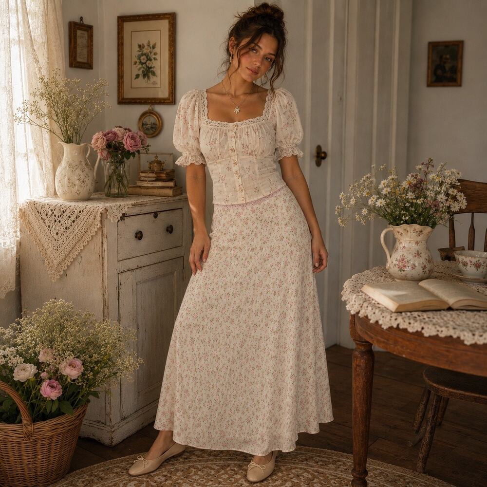 BaeVely Cottagecore Micro Floral Maxi Skirt Sz L Lace Trim Coquette Romantic